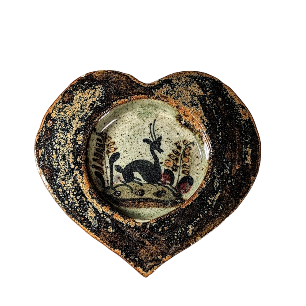 Vintage Tonala Style Pottery Gazelle Heart Shaped Trinket Dish